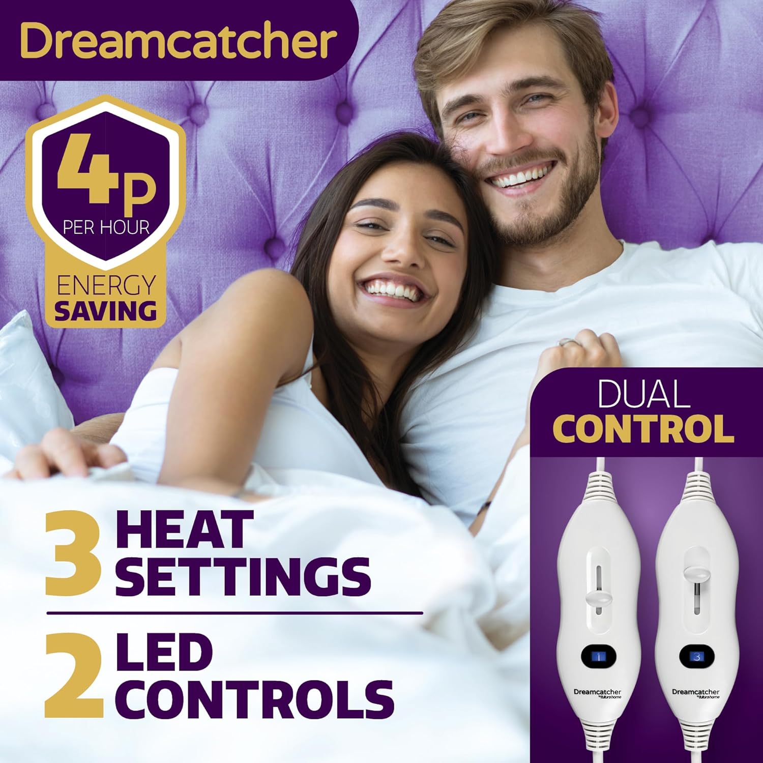 Couple lying in bed with Dreamcatcher product packaging highlighting features like energy saving, heat settings, and controls.