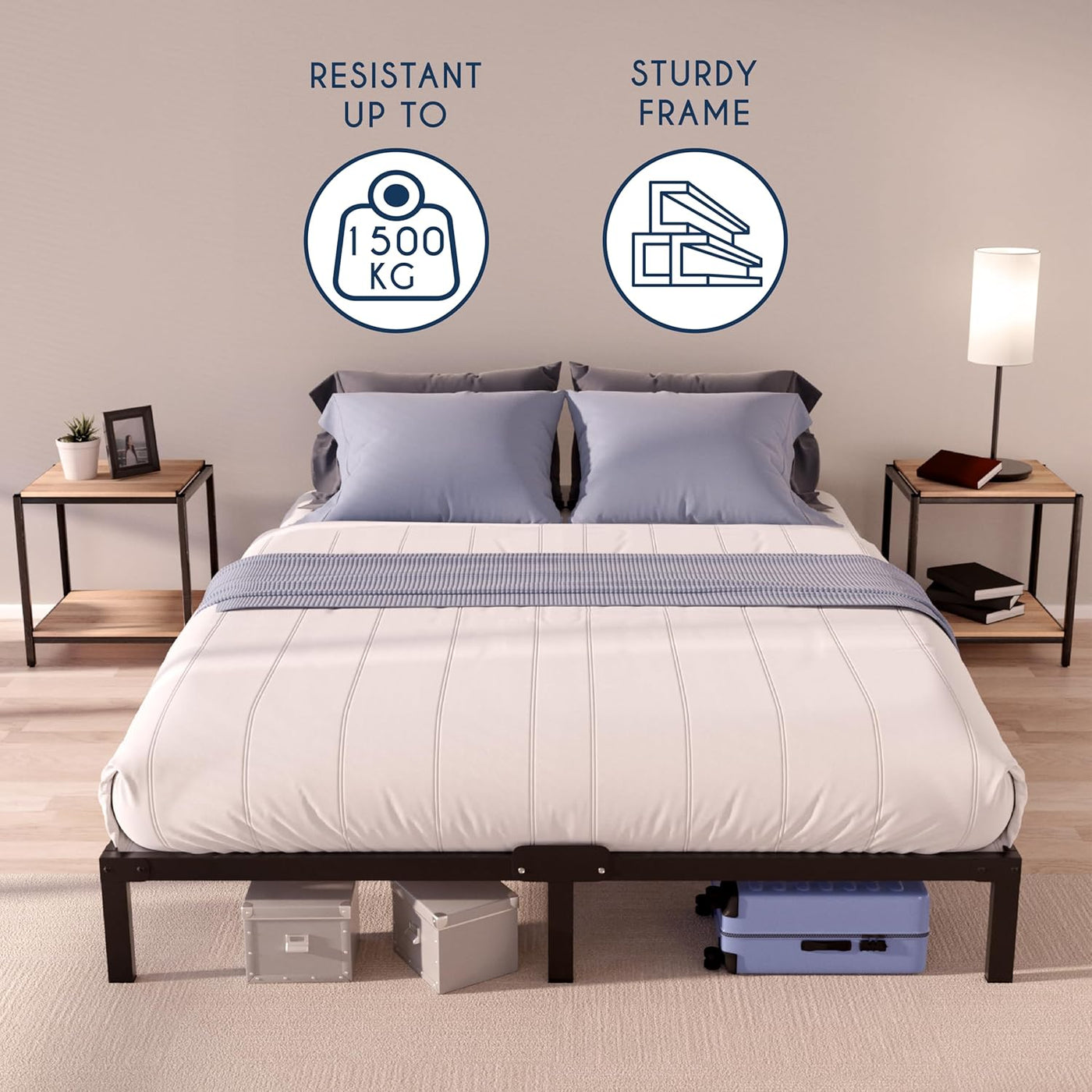 Bed with wooden frame, pillows, and bedding in a room setting with nightstands and decor.