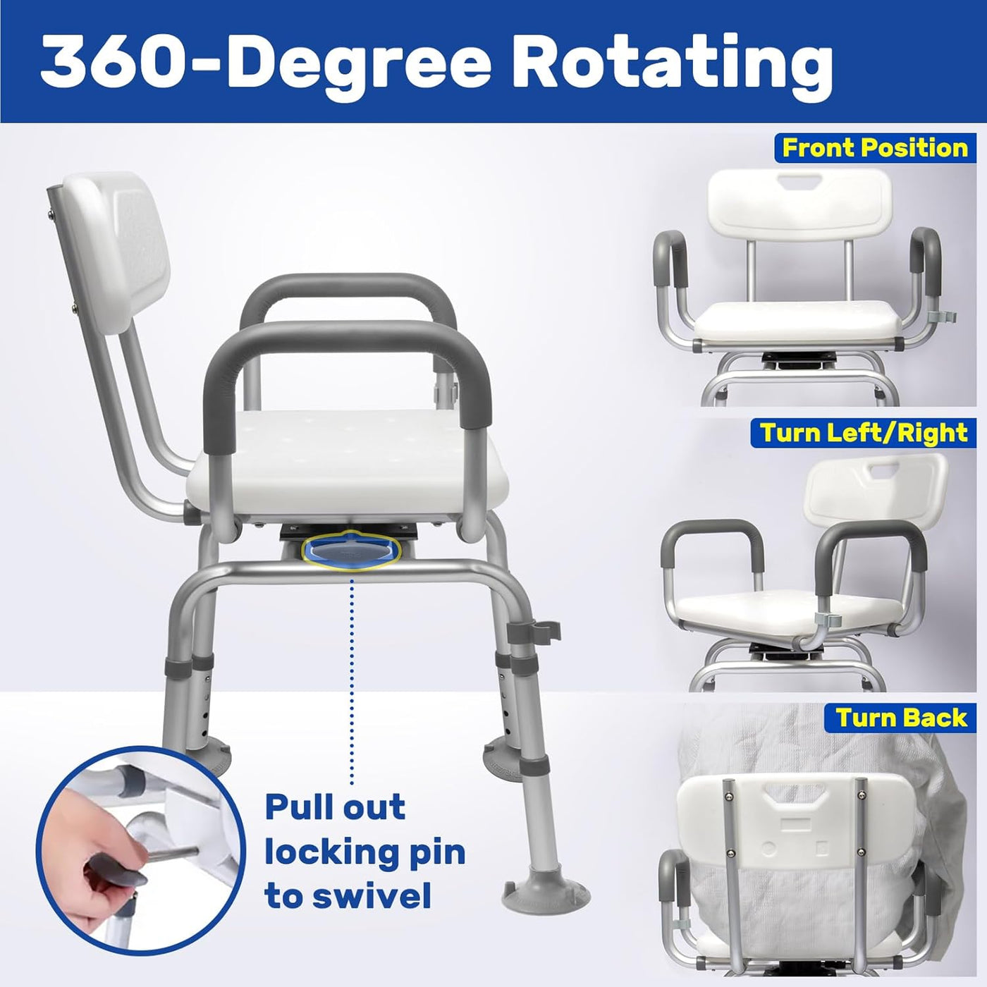 360° Swivel Shower Chair with Back, Arms, Cold-Proof Pads, Supports 400lbs