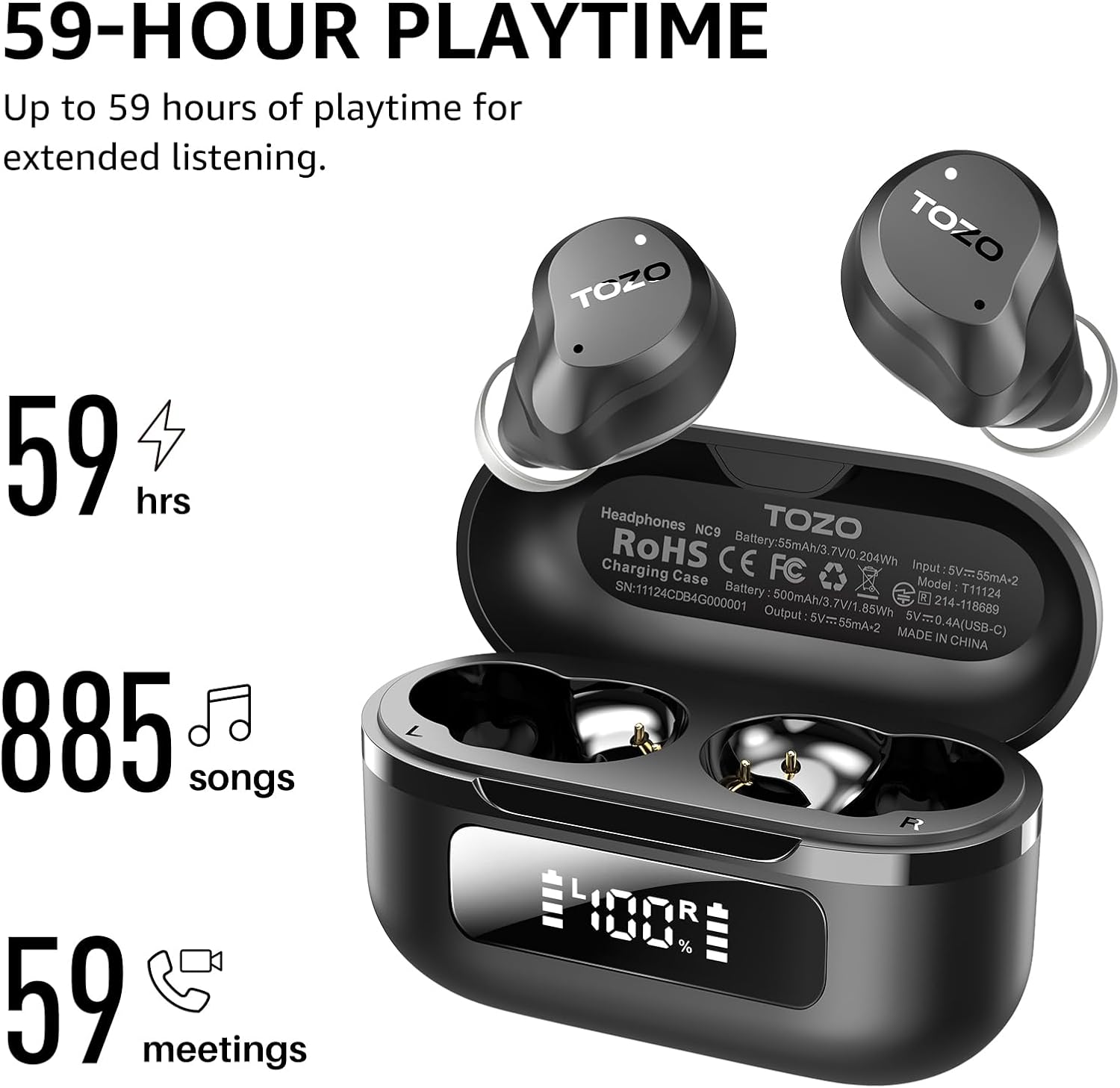 Black wireless earbuds with charging case and TOZO branding, featuring 59-hour playtime and battery display.