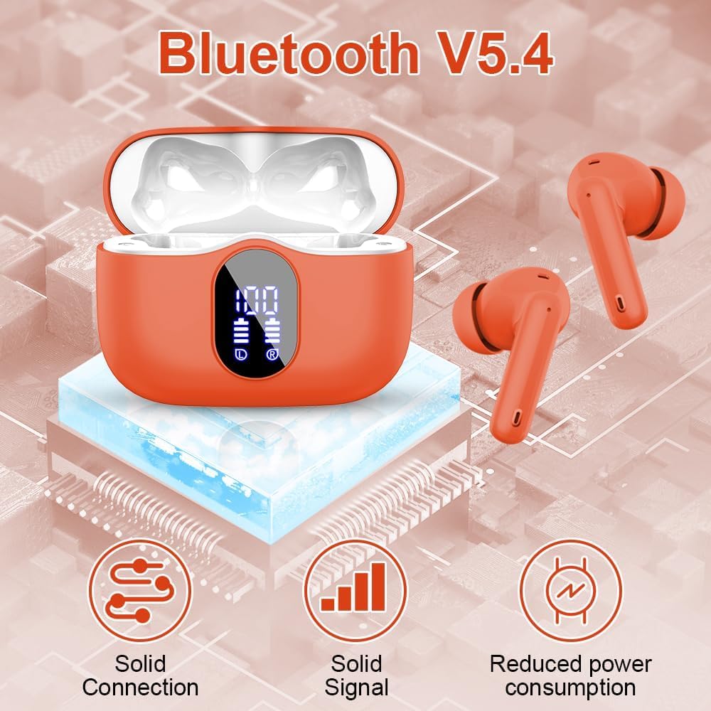 Orange wireless earbuds with charging case on a circuit board background
