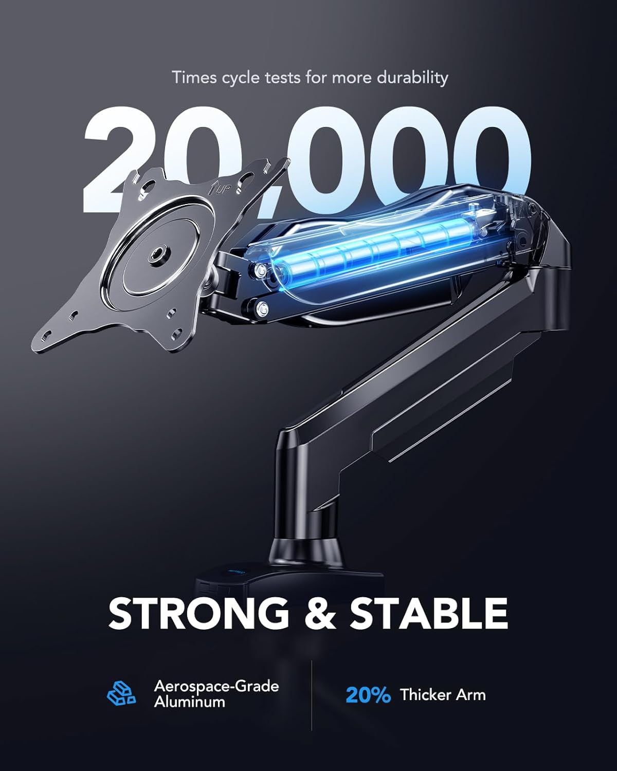 Product with text about durability and features on a dark background