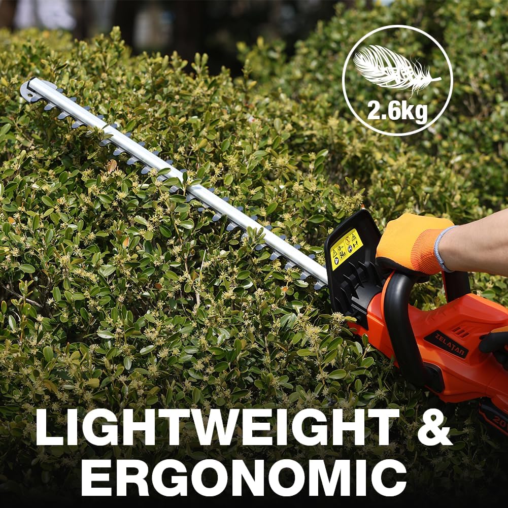Person using a hedge trimmer on a bush with text highlighting weight and ergonomics.