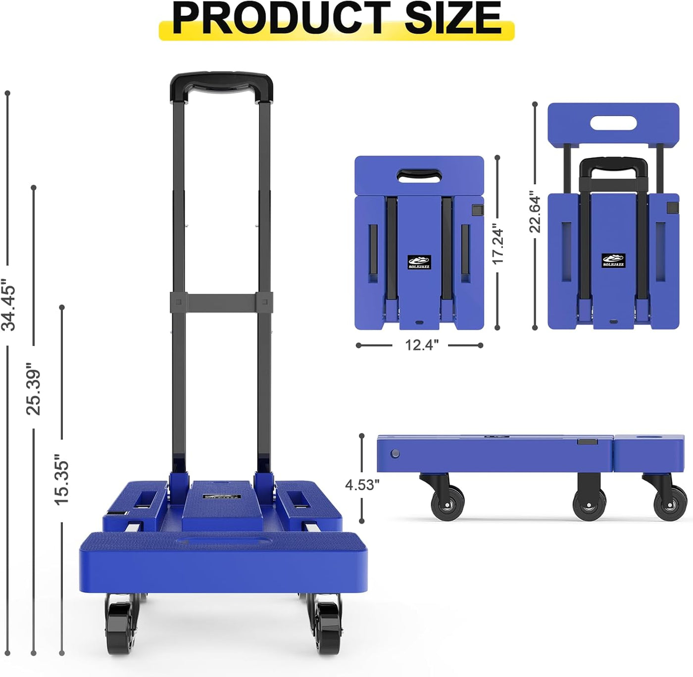 Folding Hand Truck 500LB, 6-Wheel Luggage Cart for Office & Travel SOLEJAZZ