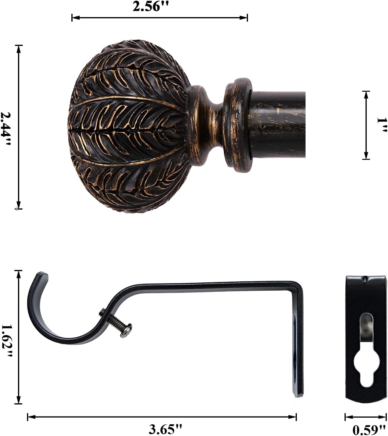 Extendable Black Curtain Pole 77-210cm, 1'' Dia, Diamond Ball Finials, 30-84 inch