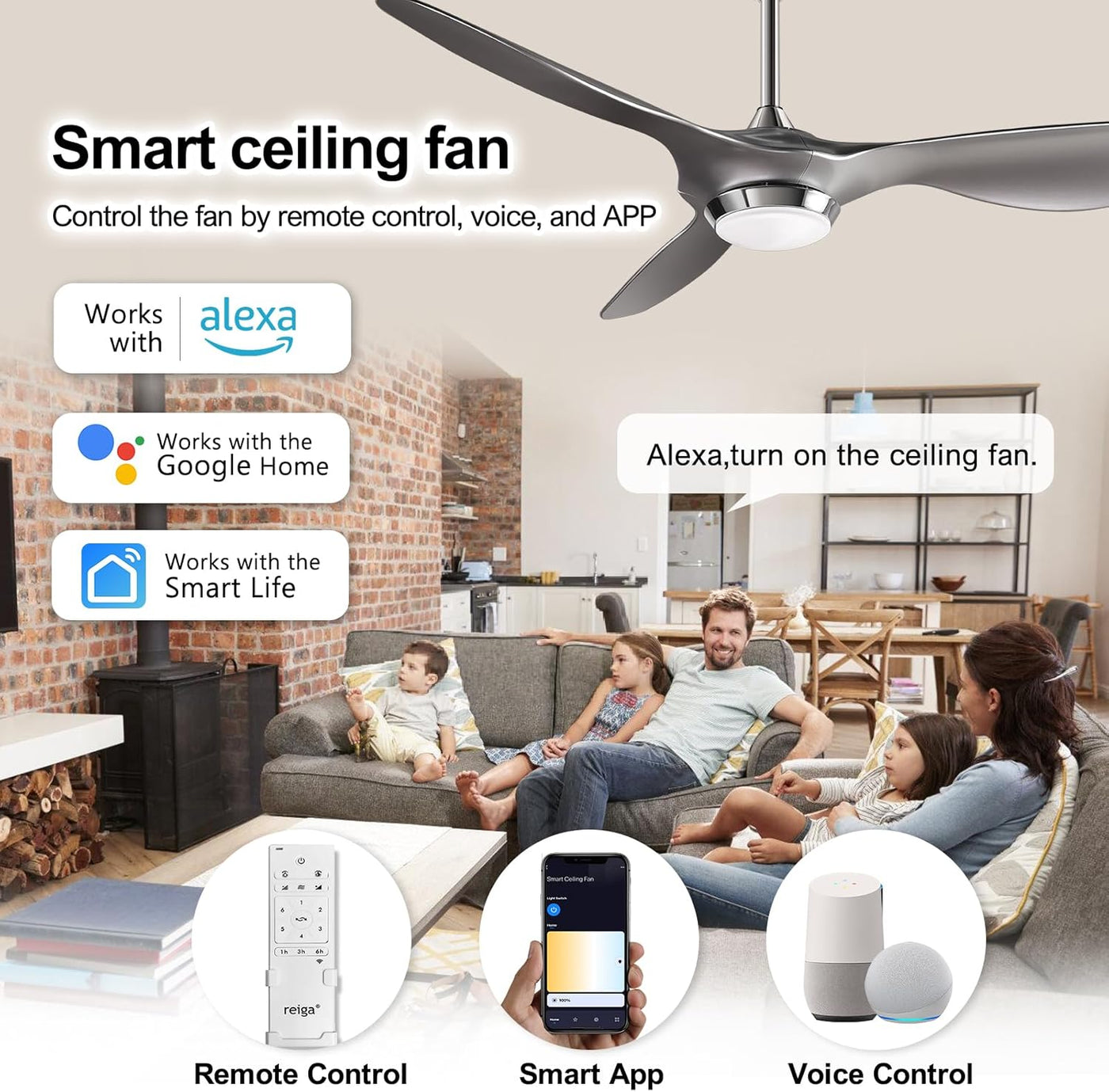 Reiga 132CM Silver Smart Ceiling Fan with LED Light App & Voice Control DC Motor