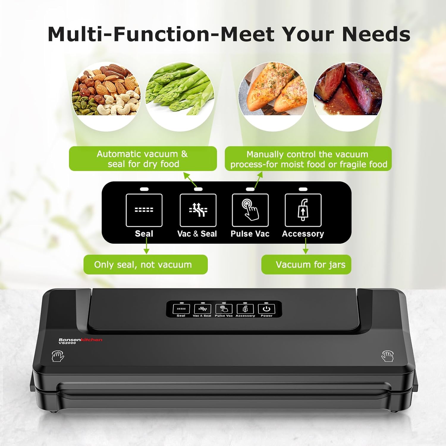 Bonsenkitchen Vacuum Sealer, Fast Compact Sealer w/ Bags & Hose, Black