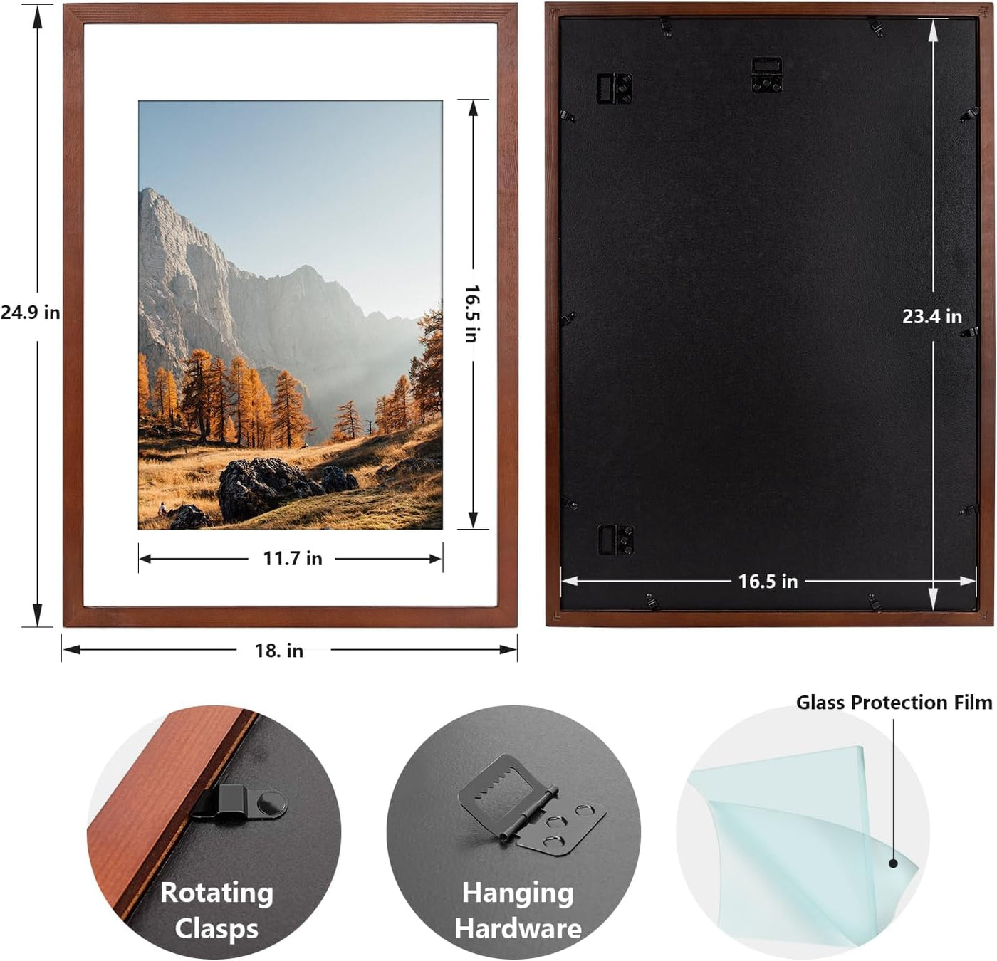 Wooden picture frame with dimensions and features displayed