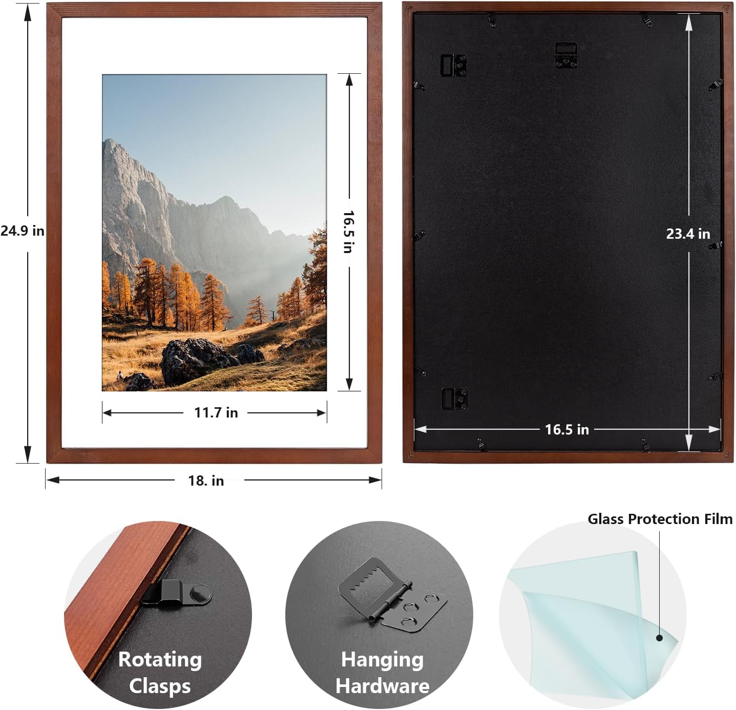 Wooden picture frame with dimensions and features displayed