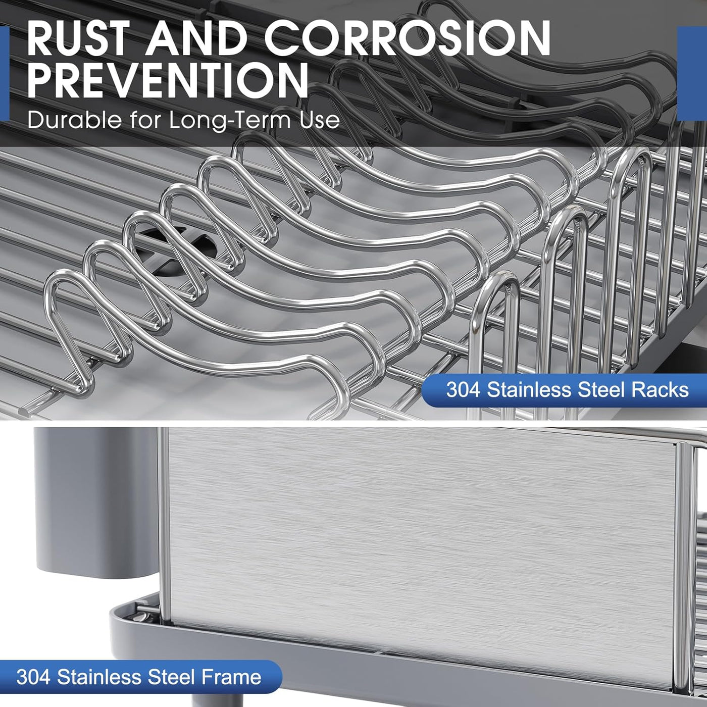 Metal racks with text about rust and corrosion prevention and stainless steel materials.