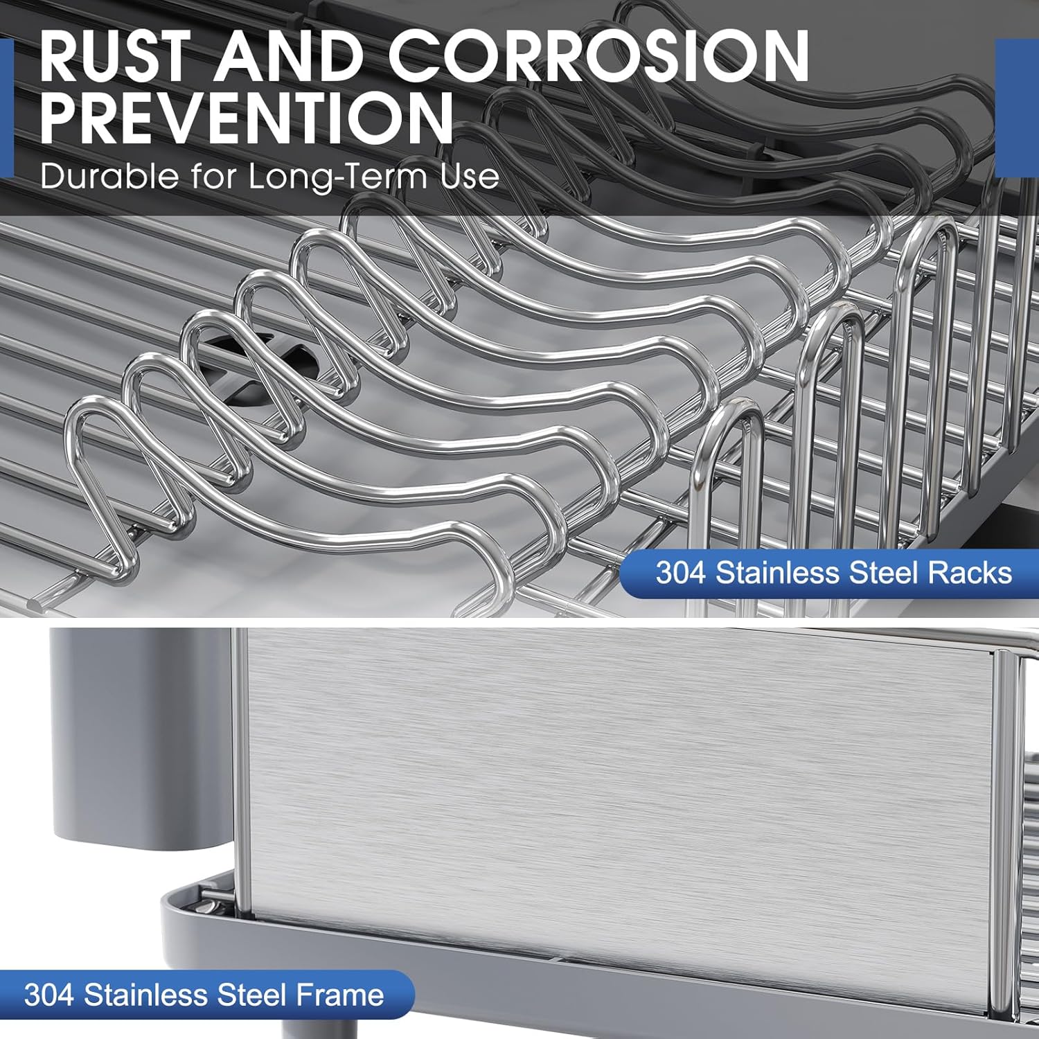 Metal racks with text about rust and corrosion prevention and stainless steel materials.