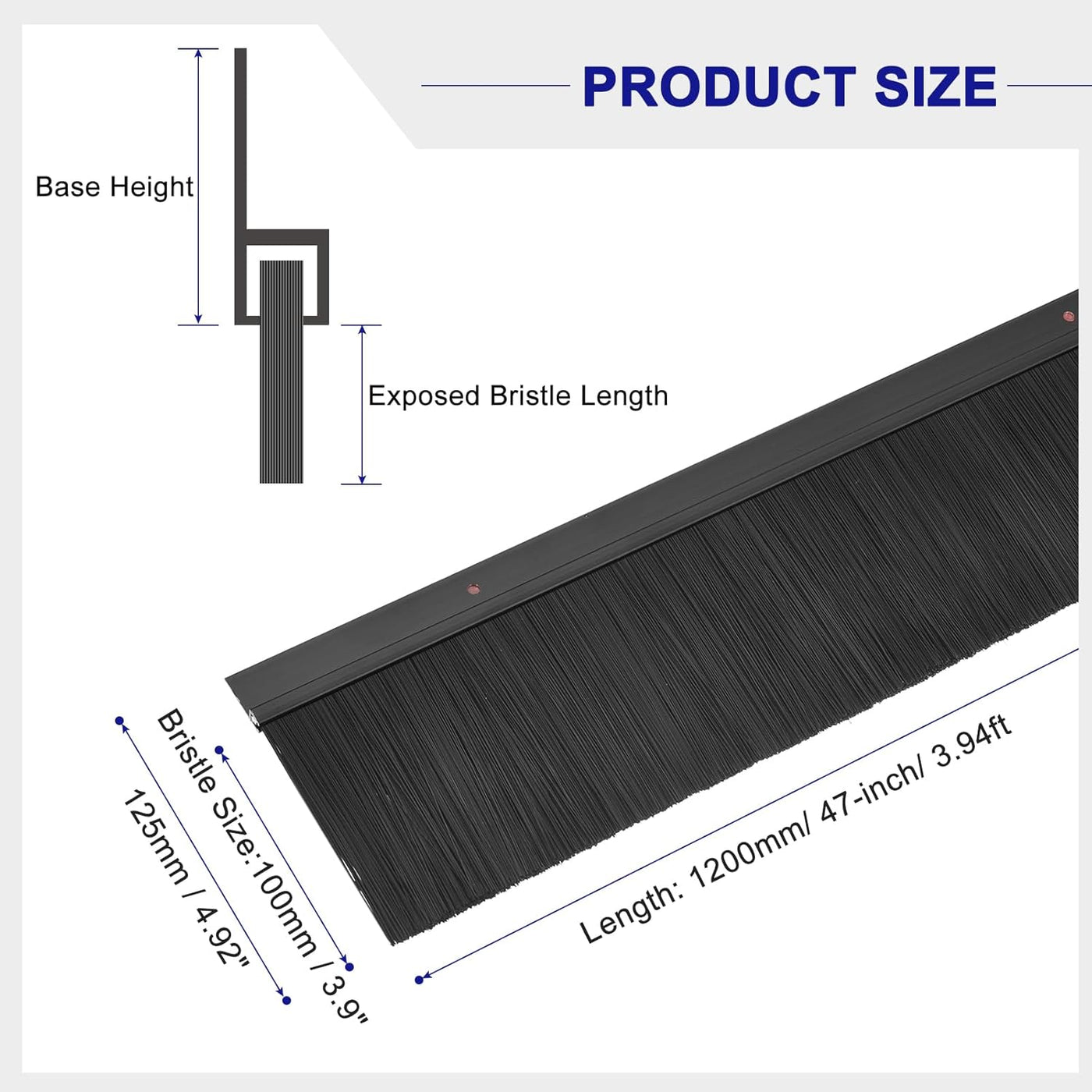 Measurement chart for a brush with labeled dimensions on a white background