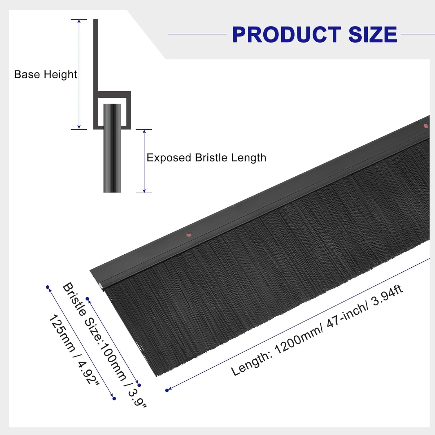 Measurement chart for a brush with labeled dimensions on a white background