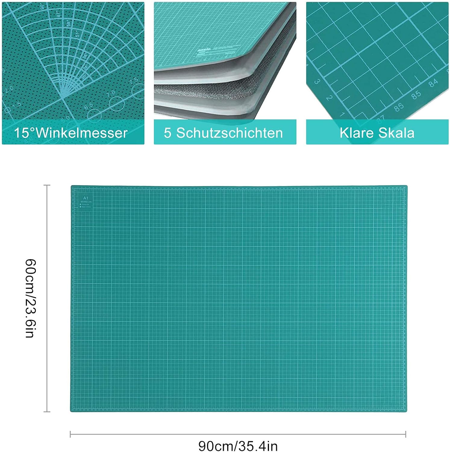 Teal cutting mat with grid lines and measurements on a white background