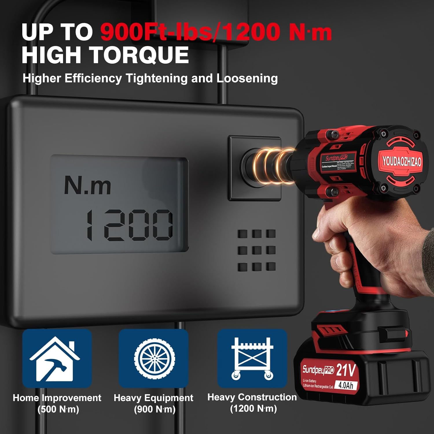 SundpeyPRO 21V Cordless Impact Wrench 1200N·m High Torque 2 Batteries 5 Sockets