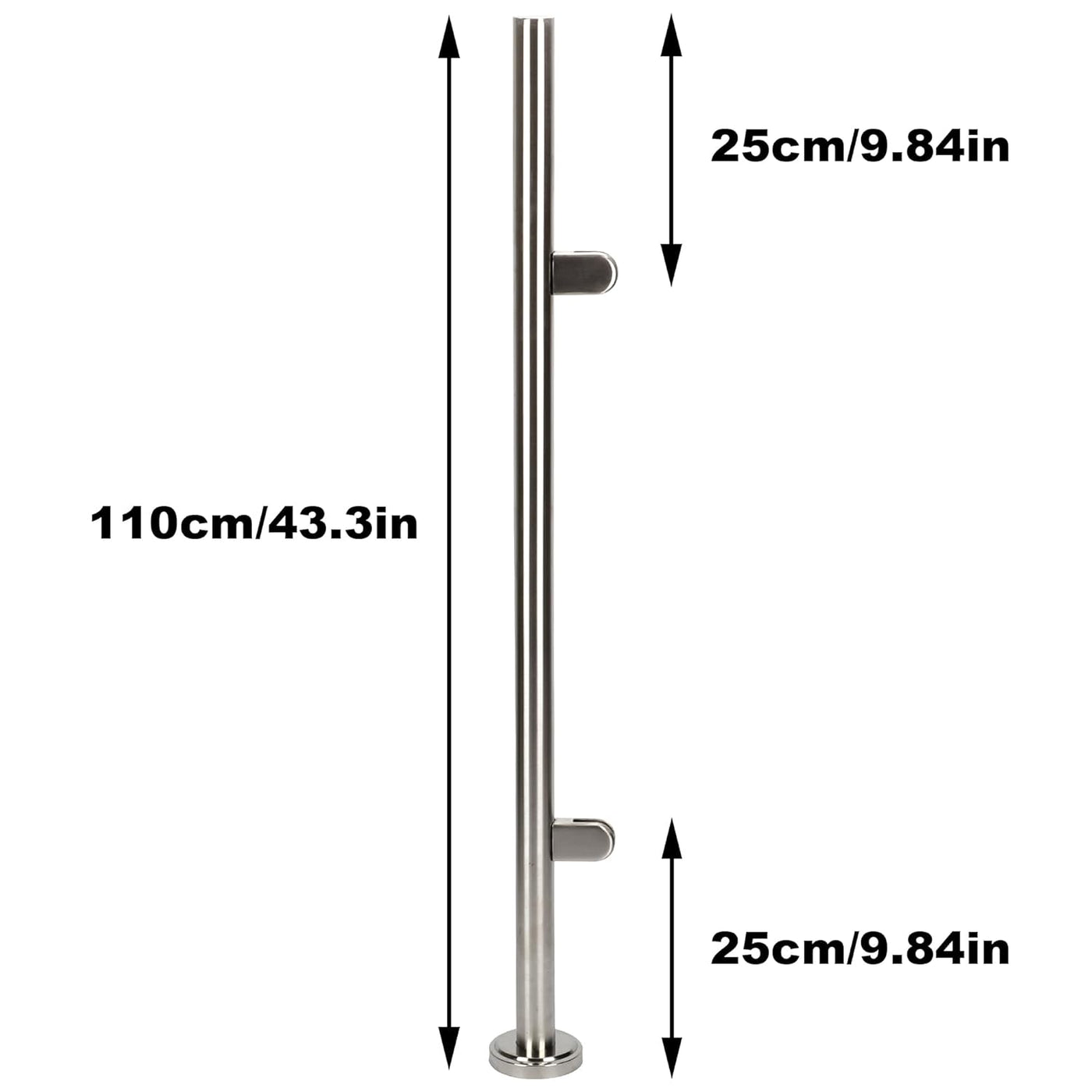 Stainless steel handrail with dimensions labeled on a white background