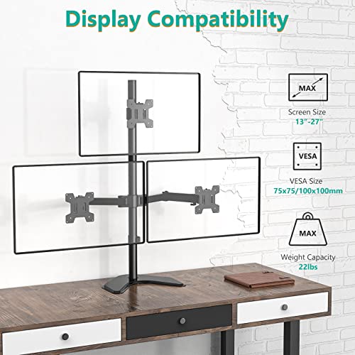 Triple Monitor Stand 27 Inch Free Standing Adjustable 22lb Arms WALI Black