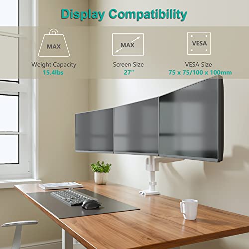 Triple Monitor Mount 27 Inch Adjustable Desk Stand VESA 100 White WALI