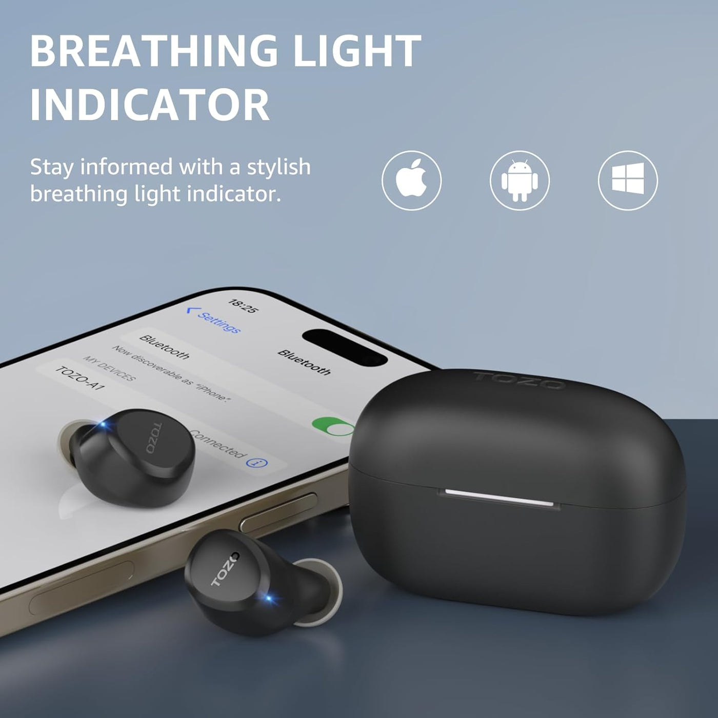 Black wireless earbuds with charging case and smartphone displaying Bluetooth connection on a blue background.