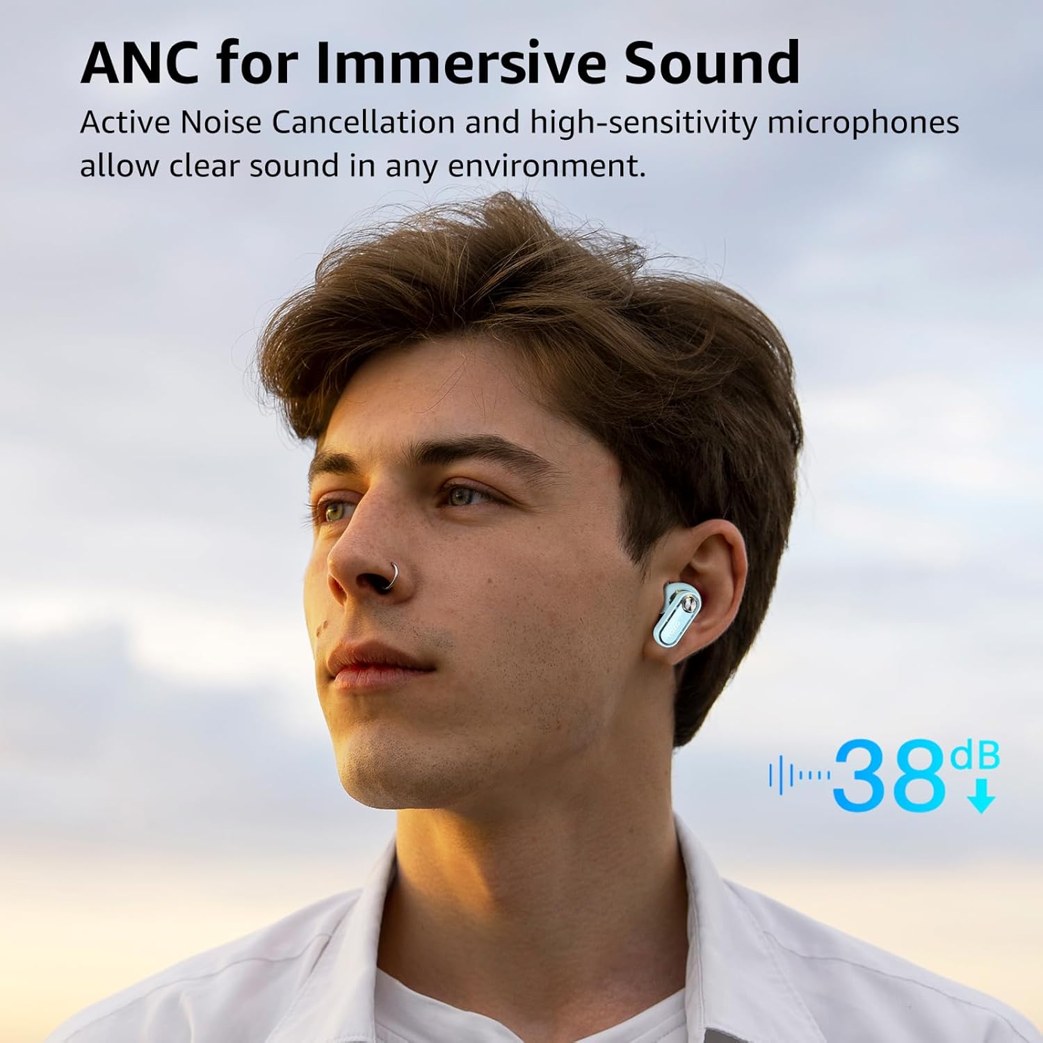 Person wearing wireless earbuds with text about ANC and sound quality on a blurred sky background