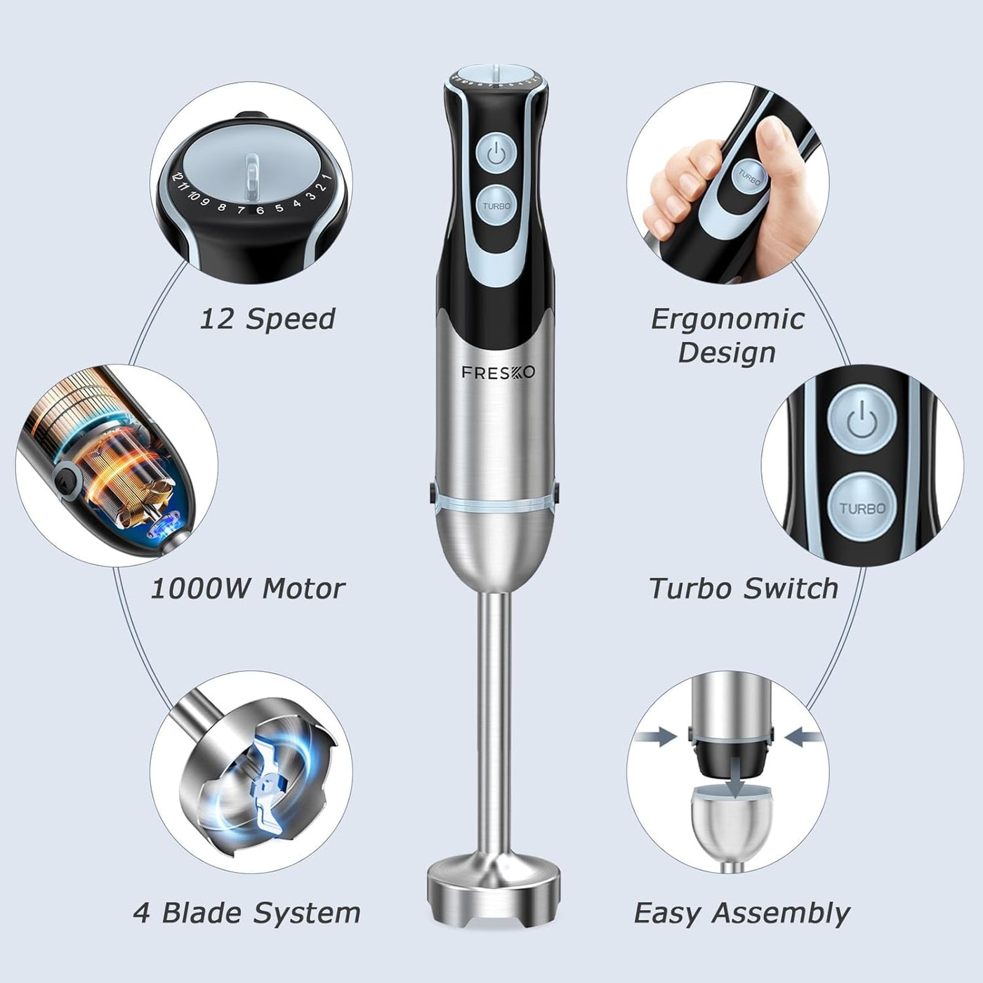 Hand Blender Immersion 4 in 1 1000W 12 Speed Turbo Chopper FRESKO