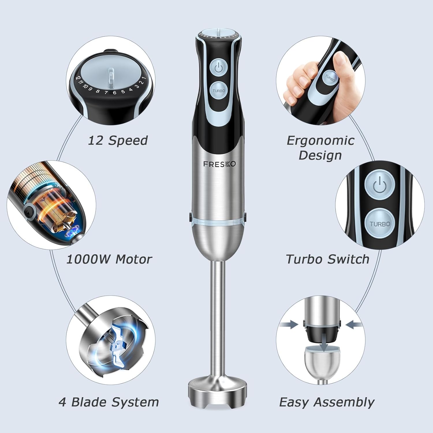 Hand Blender Immersion 4 in 1 1000W 12 Speed Turbo Chopper FRESKO
