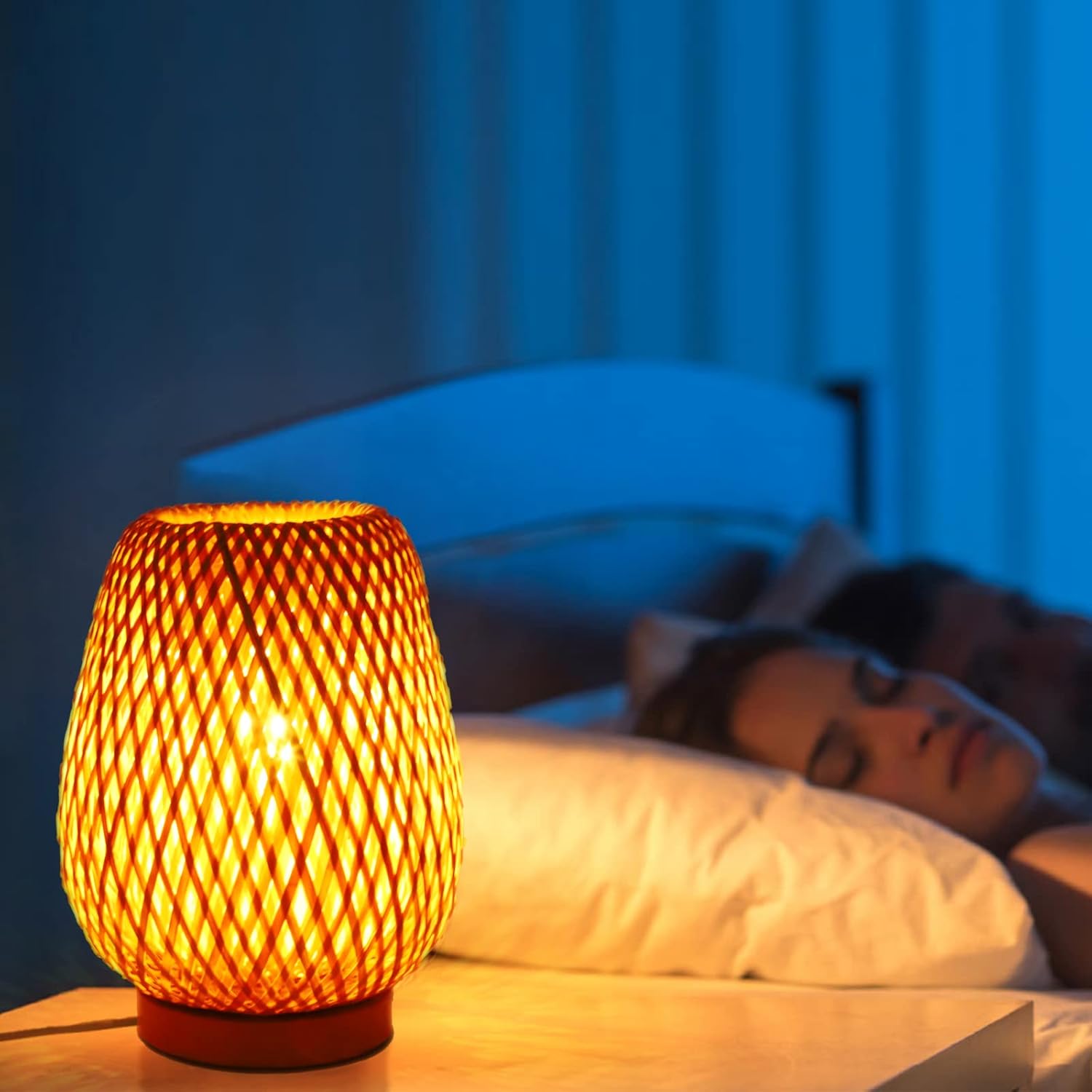Schindora Boho Bamboo Table Lamp – Handmade Wicker Bedside Light