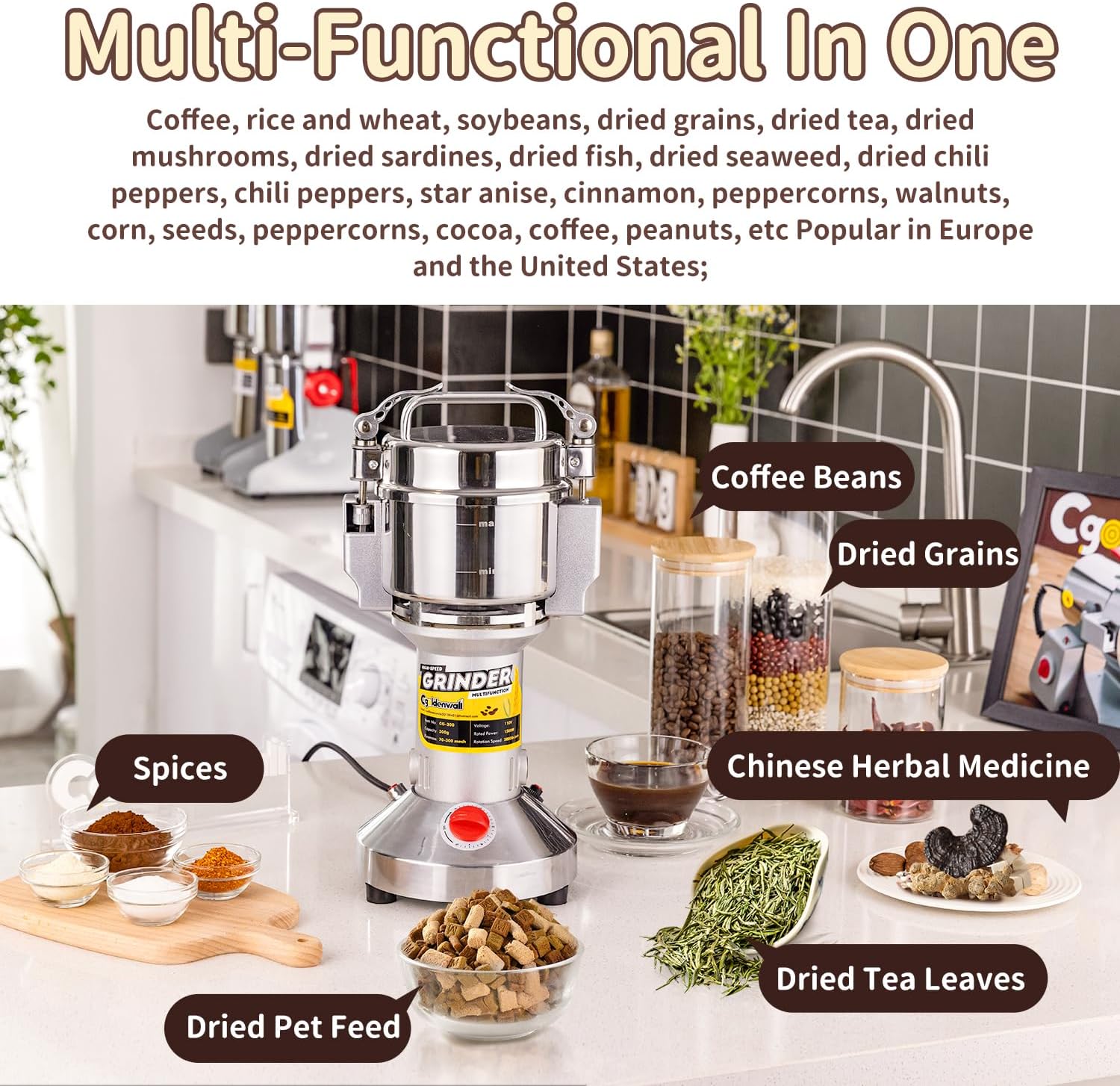 Electric Grain Grinder 300g Herb & Spice Mill with Safety Stop 220V CGOLDENWALL