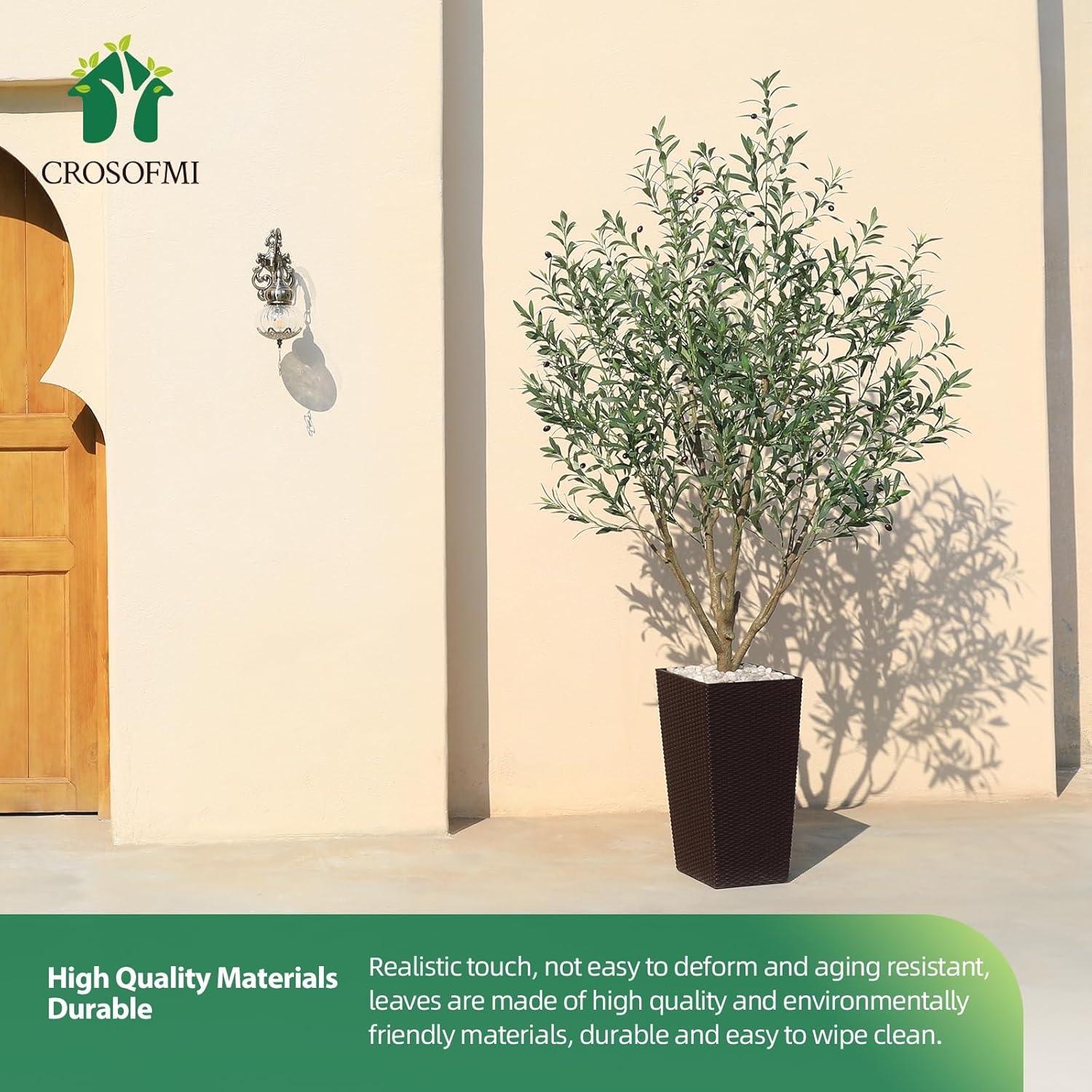 Potted plant in front of a beige wall with Crosofmi branding and product features.