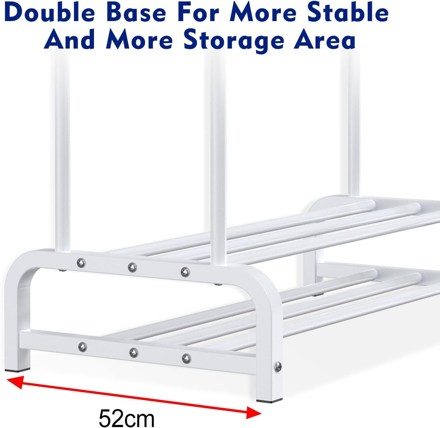 White metal rack with double base for stability and storage, labeled with text and measurement.