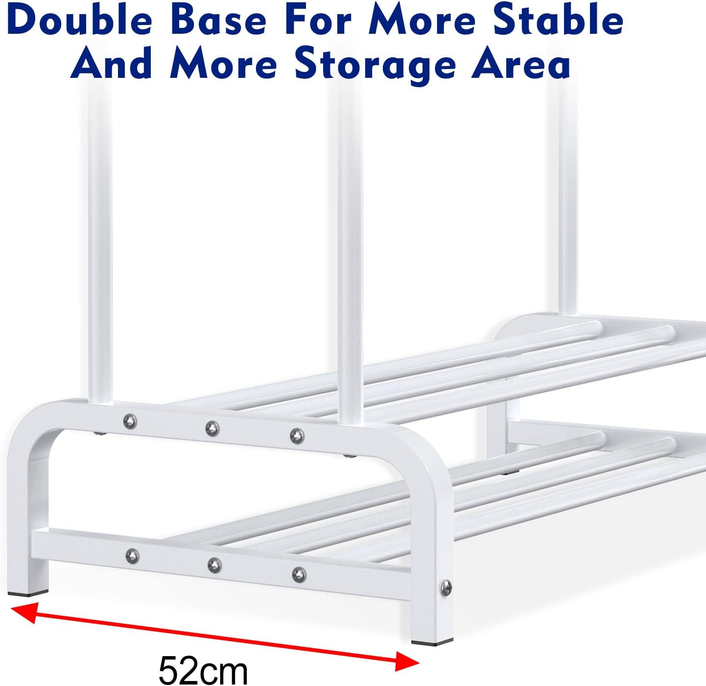 White metal rack with double base for stability and storage, labeled with text and measurement.