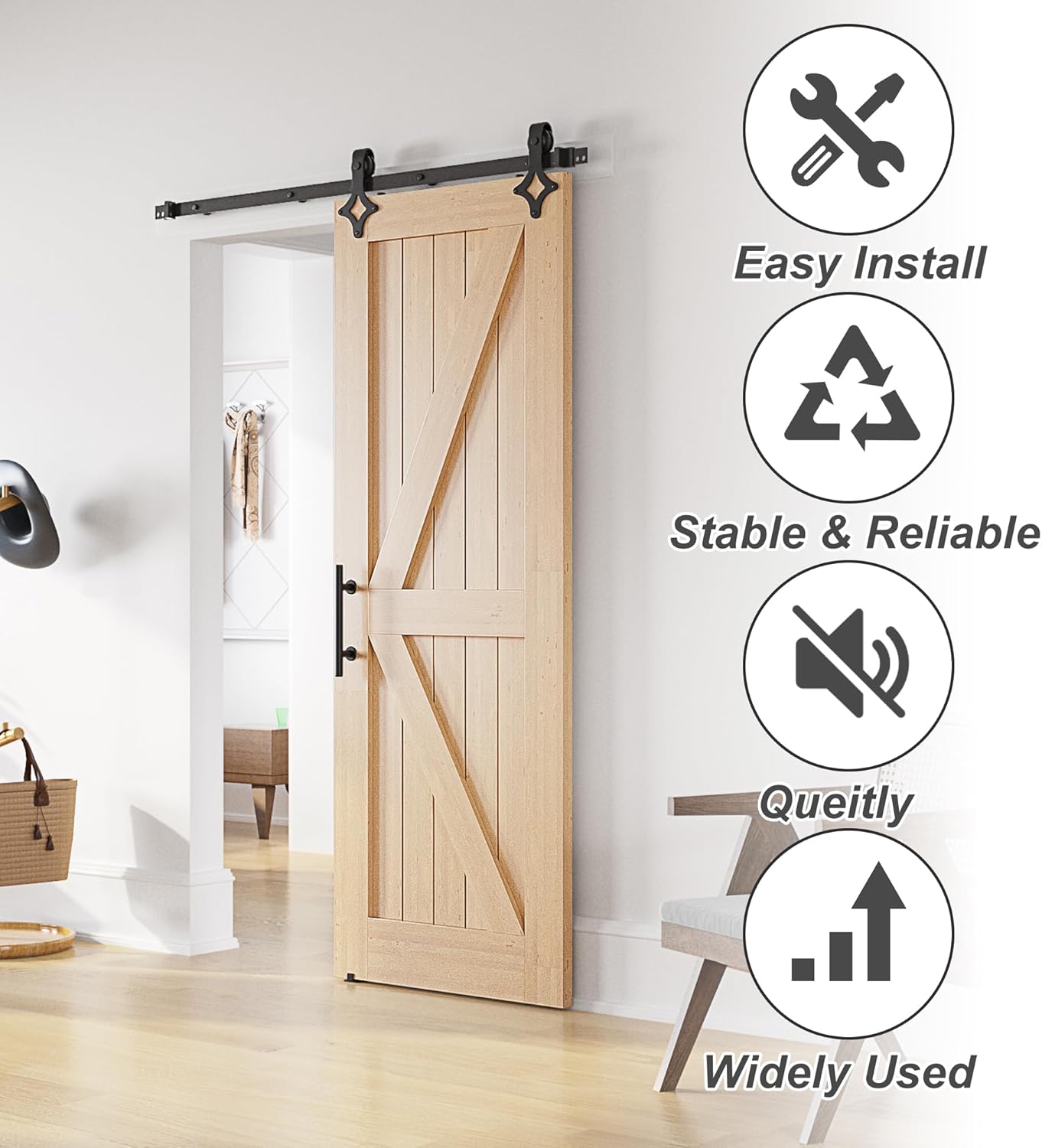 Wooden sliding door with hardware in a room setting, featuring icons and text about installation ease, stability, noise reduction, and popularity.