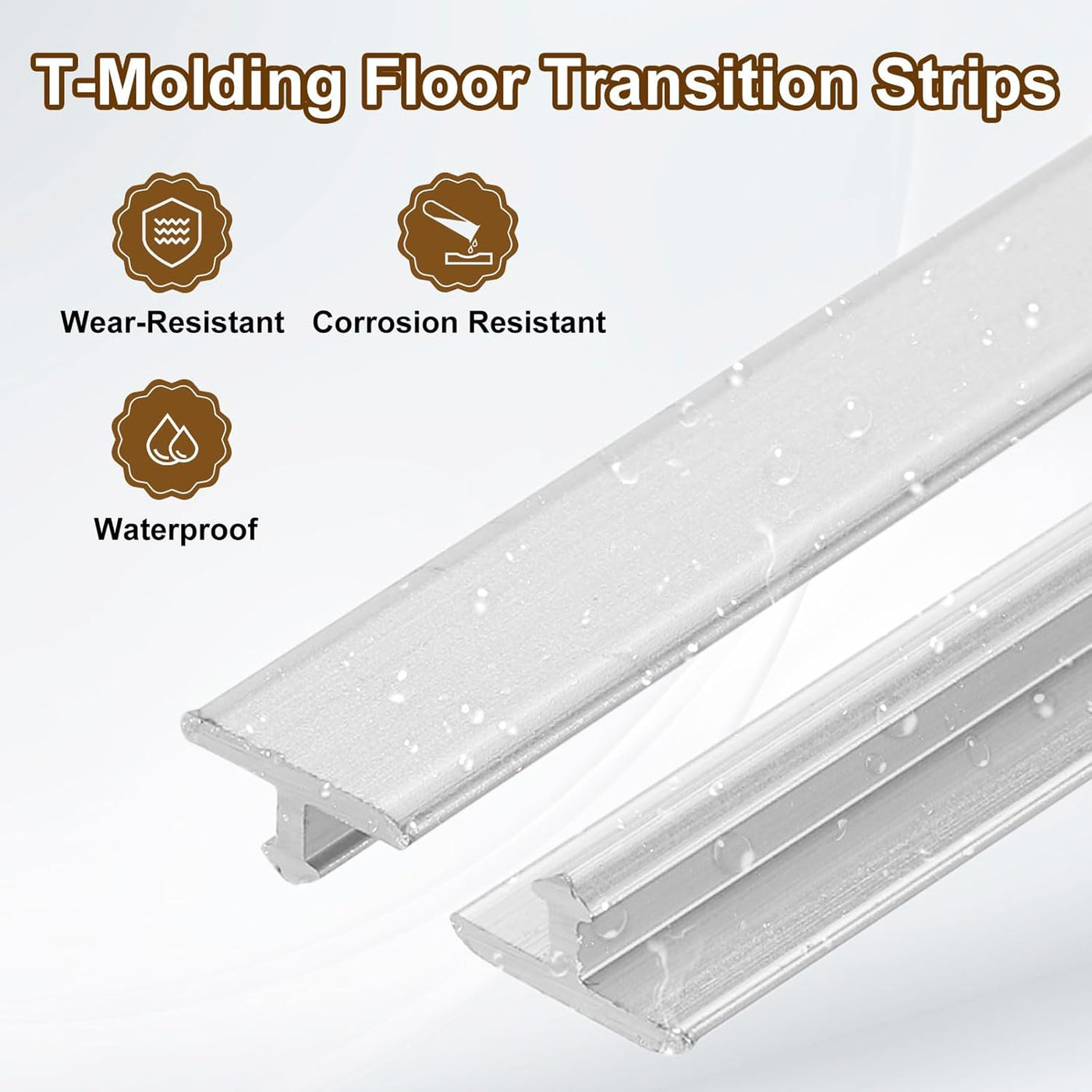 T-Molding Floor Transition Strips with wear-resistant, corrosion-resistant, and waterproof features on a white background.