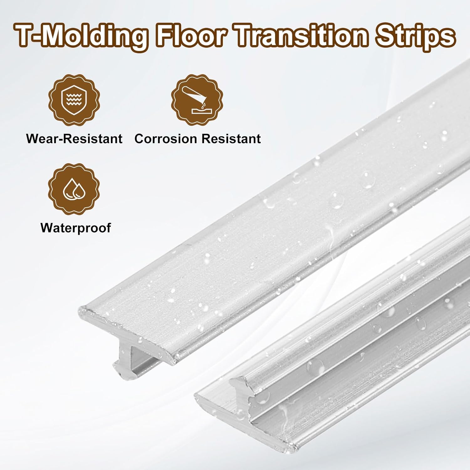 T-Molding Floor Transition Strips with wear-resistant, corrosion-resistant, and waterproof features on a white background.