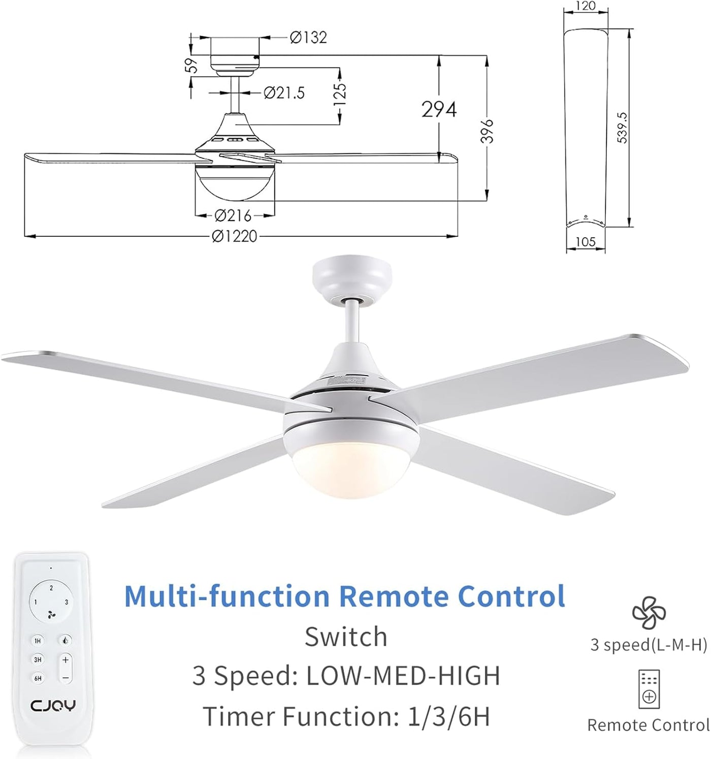 CJOY 48" White Ceiling Fan with Light & Remote, 4 Blades, Timer, 3 Speeds
