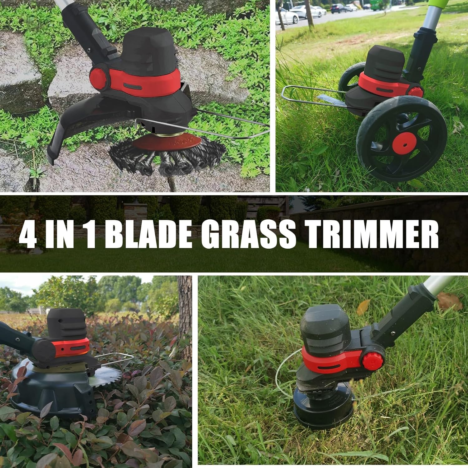 4-in-1 blade grass trimmer with multiple uses on grass and plants.
