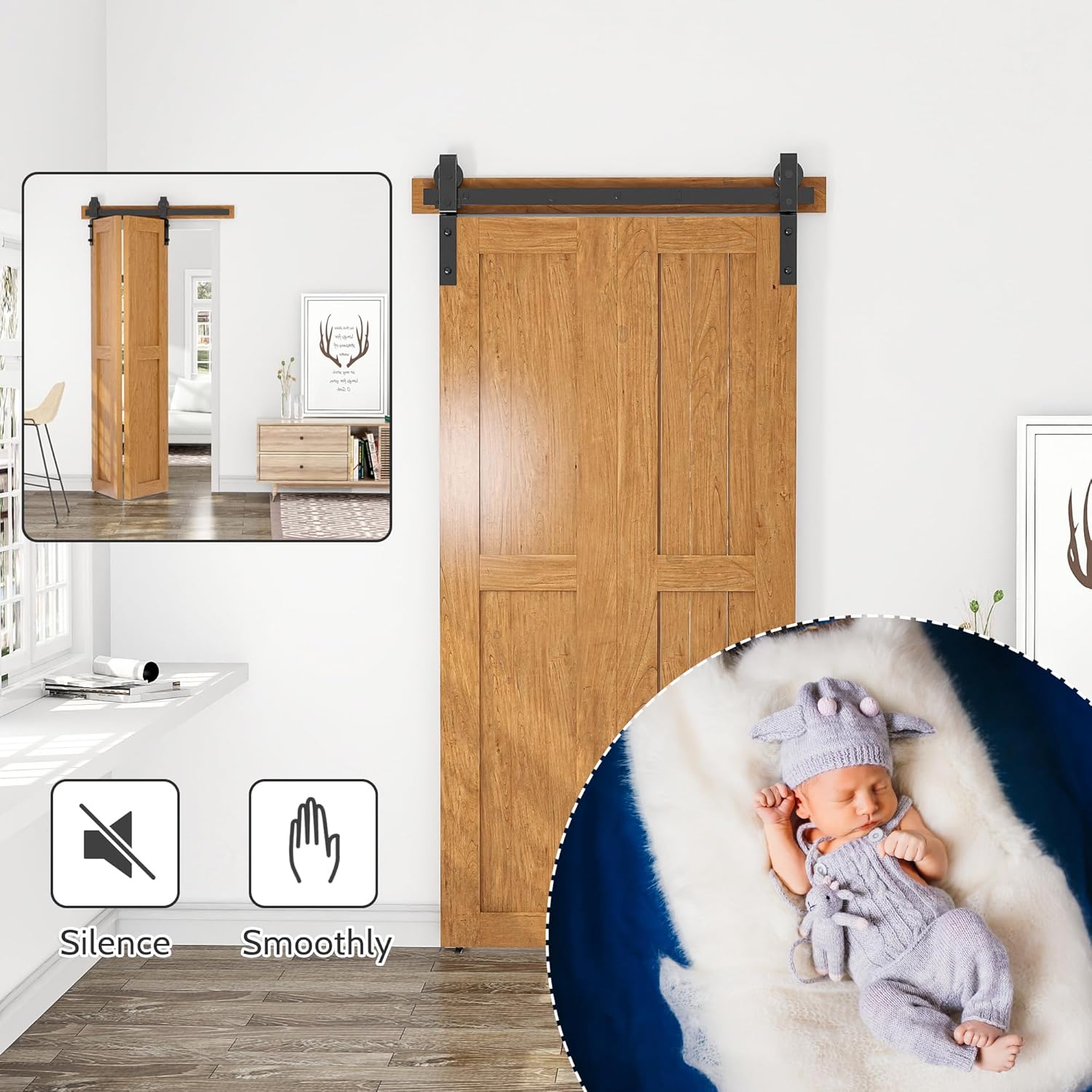 Wooden sliding barn door with black hardware in a room setting, with a baby in a gray outfit in a close-up inset.