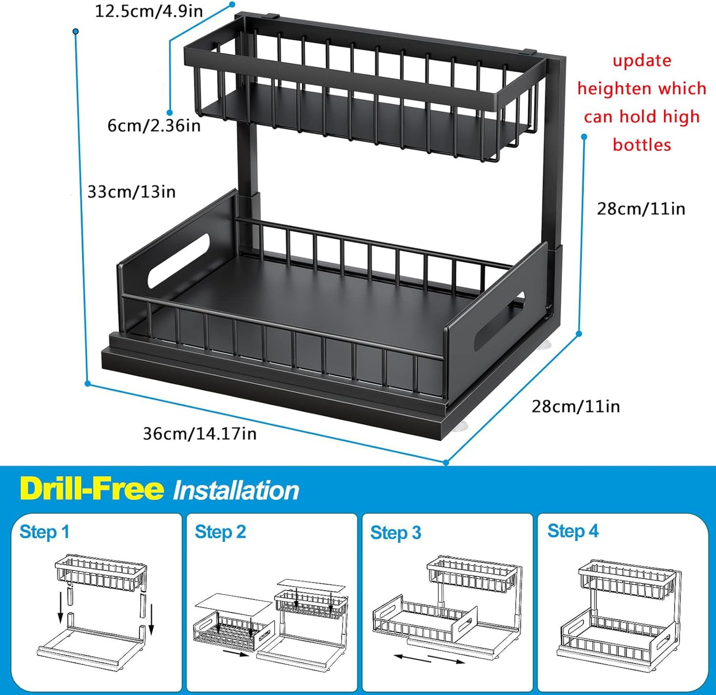 2-Tier Metal Under Sink Storage Organizer with Sliding Drawer & Suction Cups