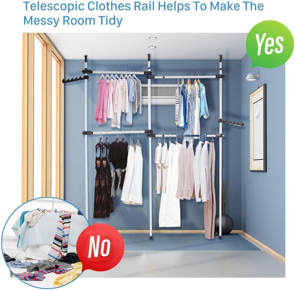 Heavy Duty Telescopic Clothes Rack Adjustable Stainless Steel Wardrobe Organizer