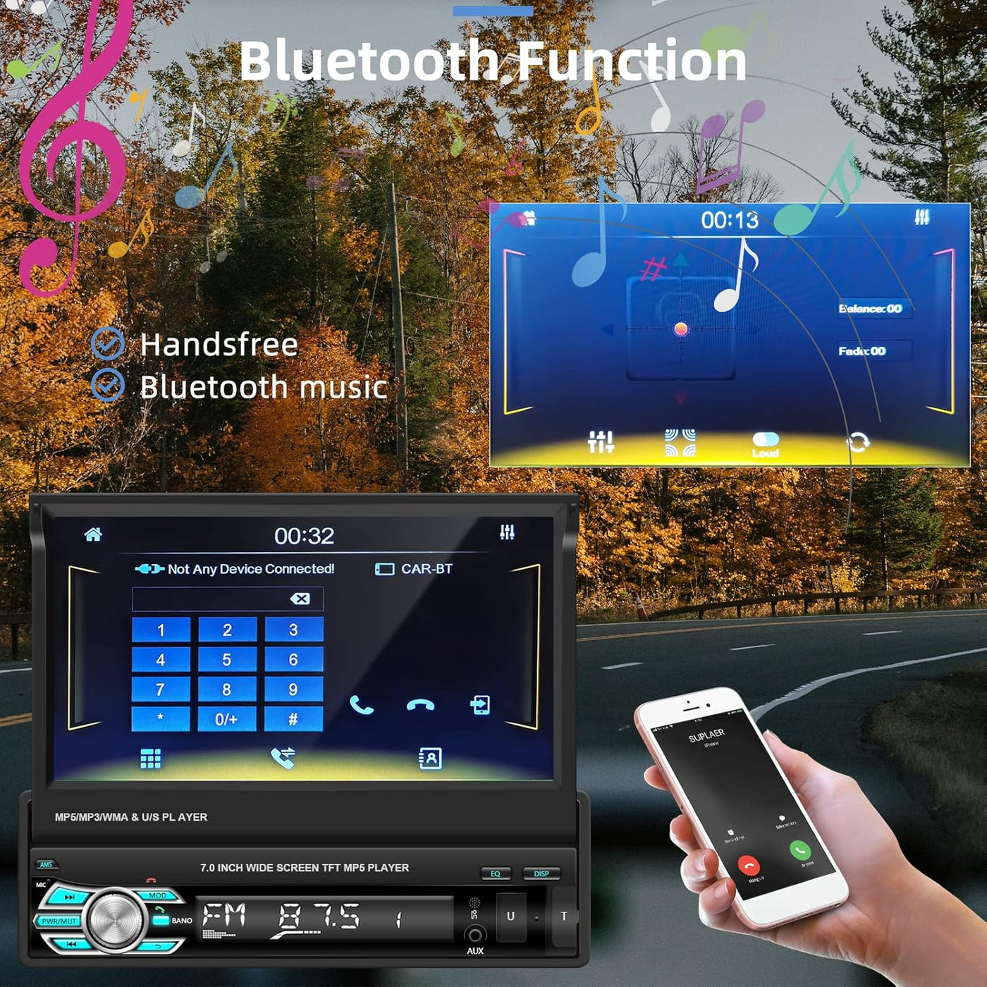 Single Din 7'' Touch Screen Car Stereo w/ CarPlay, Bluetooth, Android Auto, Camera