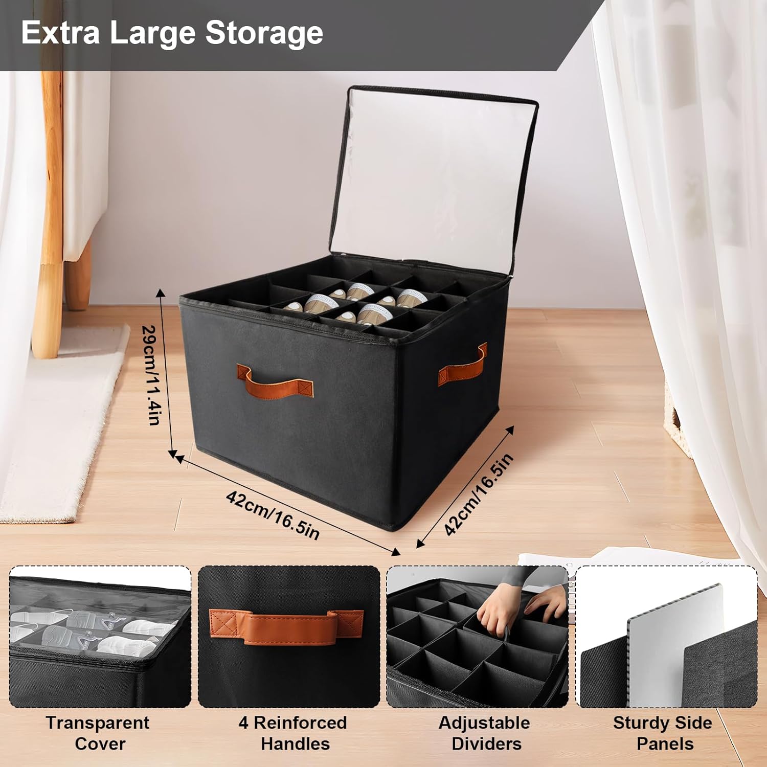 Hiyorsoa 16-Grid Adjustable Shoe Organizer with Clear Dust Cover, Foldable