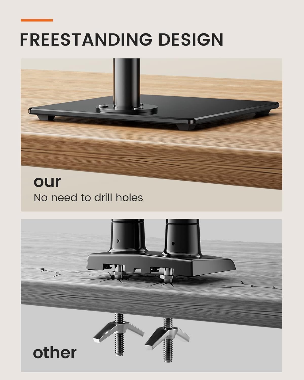 Freestanding design of a desk with no need to drill holes, comparing it to 'other' options.