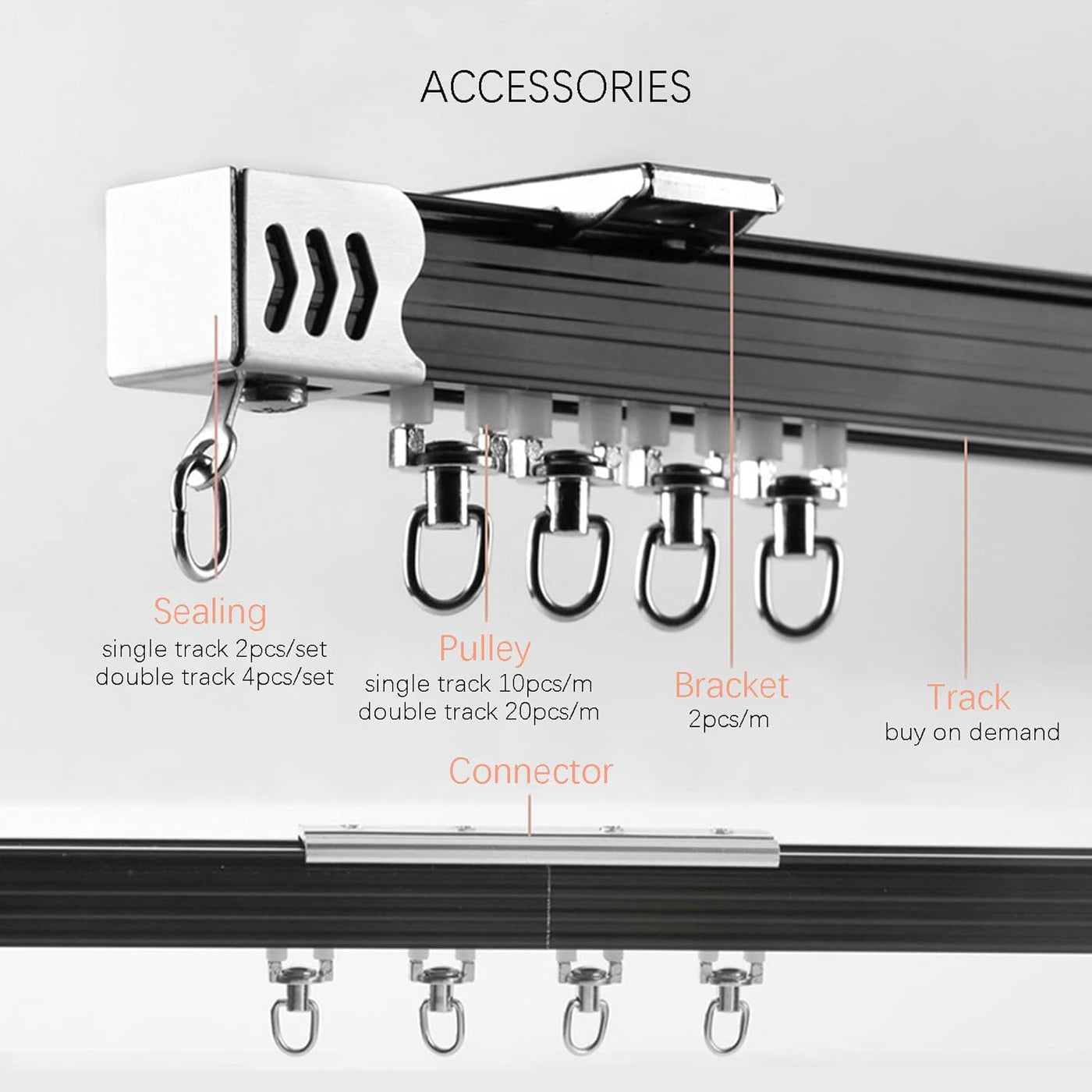 Railing accessories including sealing, pulley, bracket, and track on a white background.