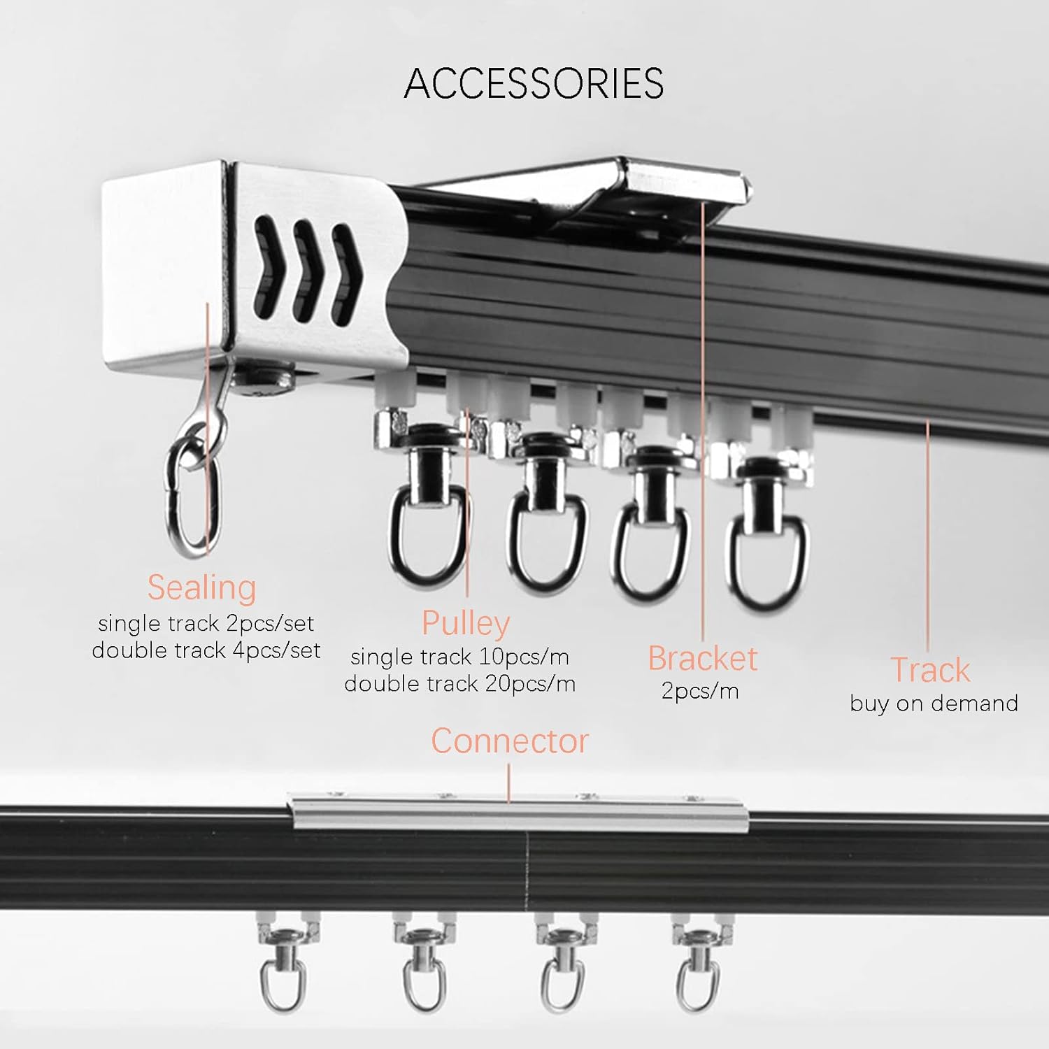 Railing accessories including sealing, pulley, bracket, and track on a white background.