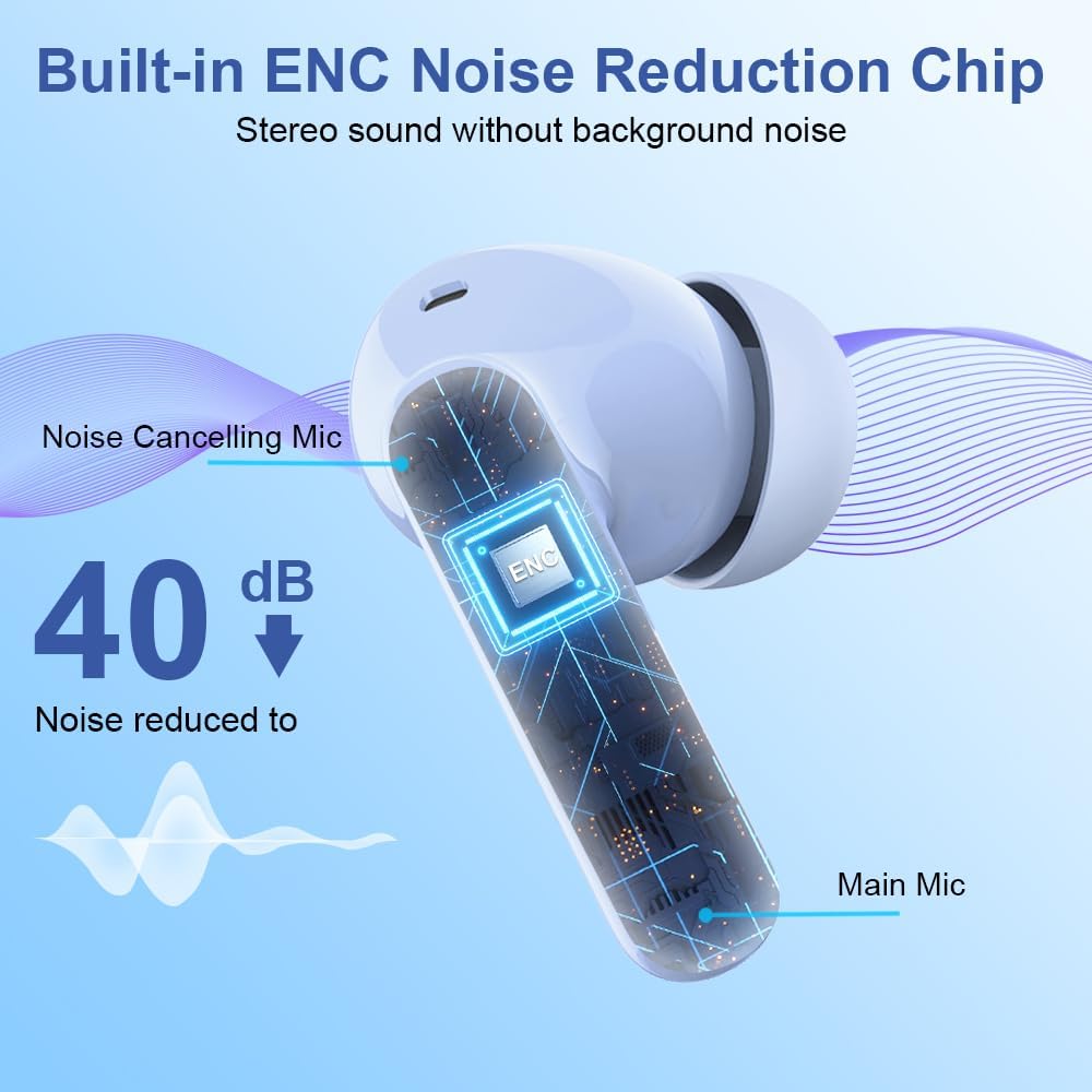 Wireless earbuds with noise reduction chip and mic on a blue background