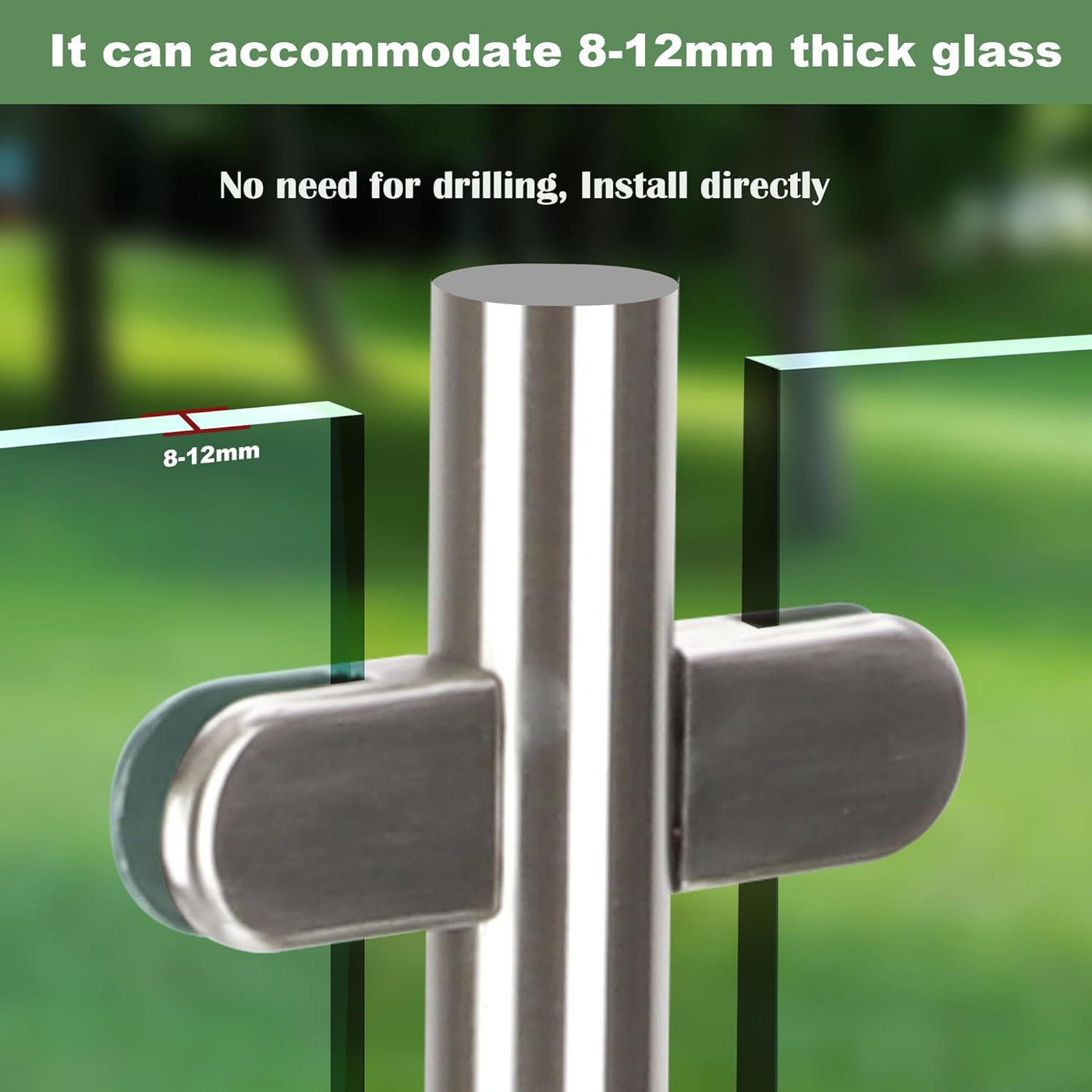 Glass holder with text indicating glass thickness compatibility and installation method, set against a blurred green outdoor background.