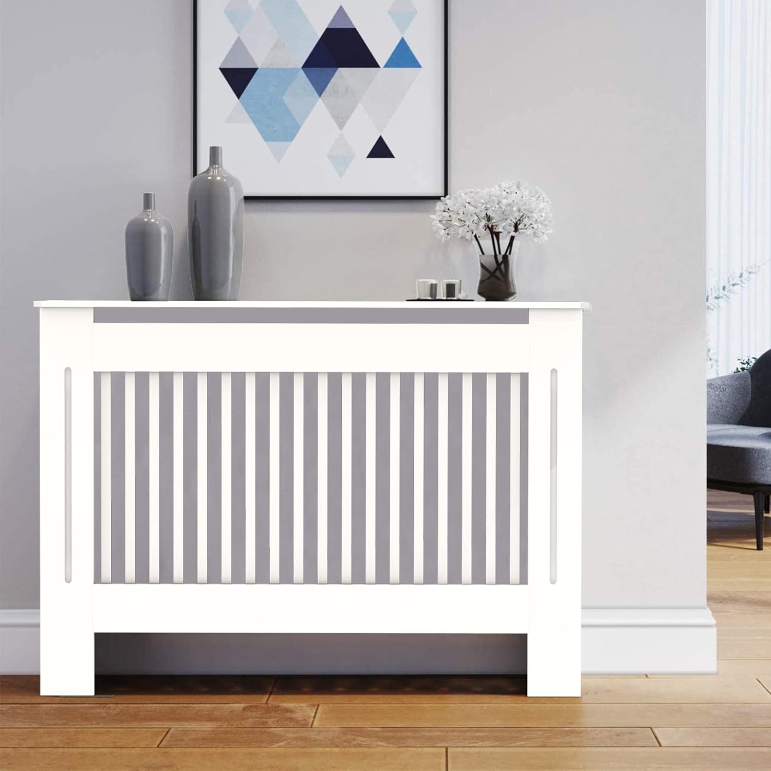 High Radiator Cover Wood Cabinet 100cm Tall White Vertical Slats Modern MDF