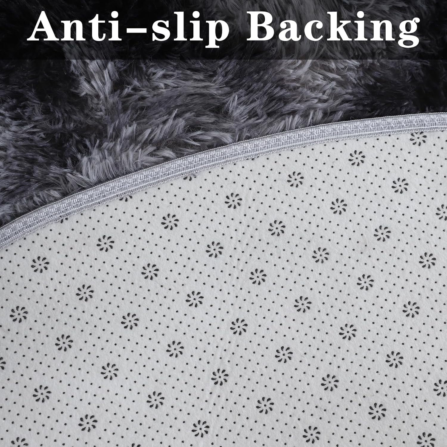 ConCus-T Grey Round Shag Rug, Fluffy Faux Fur Carpet, 120cm, Dark Grey