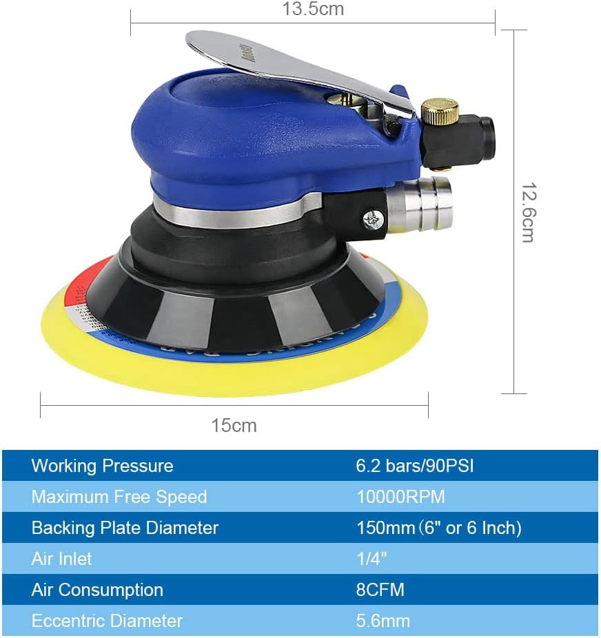 6in Air Random Orbital Sander, Dual Action with Dust Collection & Sandpapers