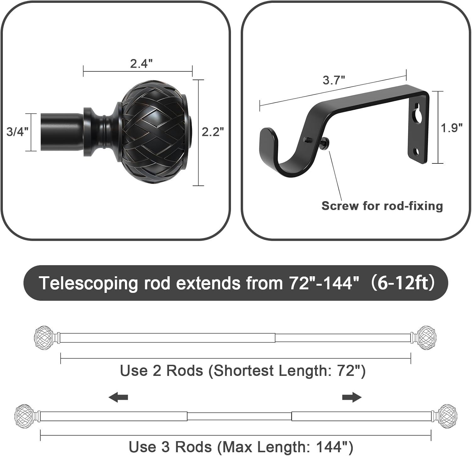 2pcs SZXIMU Curtain Pole 182-365cm (72-144''), Extendable, Netted Finials, Black